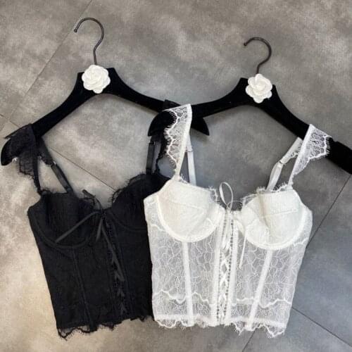 FABPOP 2021 Summer New Lace Shoulder Strap Knitted Bandage Fish Bone Slim Tank Tops Women Crop Top GB728