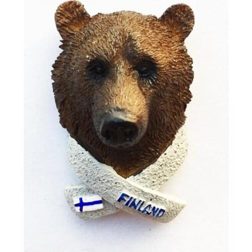 Finland Tourist Souvenir Fridge Magnet 3D Resin Handmade Brown Bear Head Refrigerator Magnetic Stickers Home Decoration