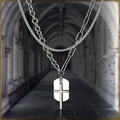 Boniskiss Multi Layer Cross Stainless Steel Pendant Necklace Silver color Army Biker Chain Necklace Man Jewely Engraving