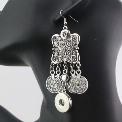 New Design Vintage Silver Boho Ethnic Jewelry Bohemian Earrings 18mm Snap Charm Button Metal Dangle Earrings For Women