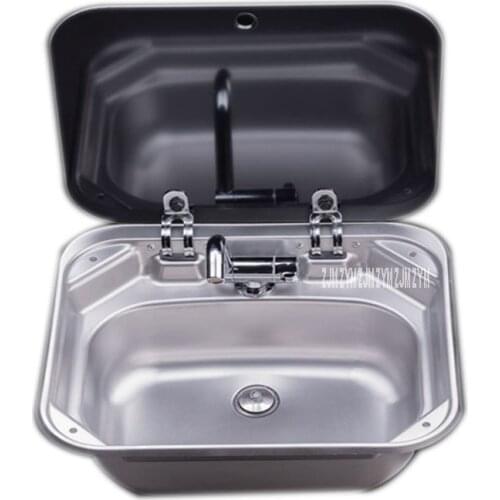 PS-698 Quality 304 Stainless Steel Single Slot Caravan Sink RV Camper Sink With a Right Angle Drainer Folding Faucet Glass Cover