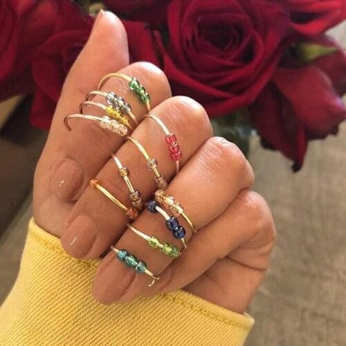 Handmade Exquisite Reduce Pressure 3 Glass Bead Ring For Women Relax Anxiety Fidget Adjustable Rings