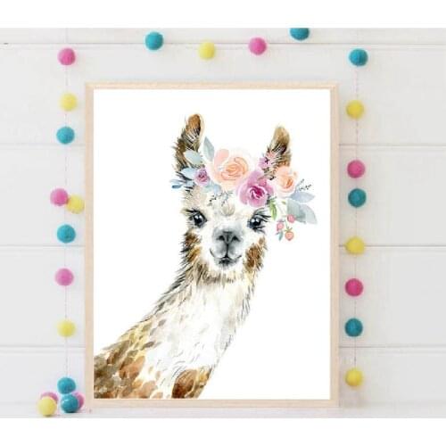 Modern Art Poster Animal Alpaca Giraffe Deer Wearing A Wreath Decorated For Baby Room Living Room Bedroom Background Wall