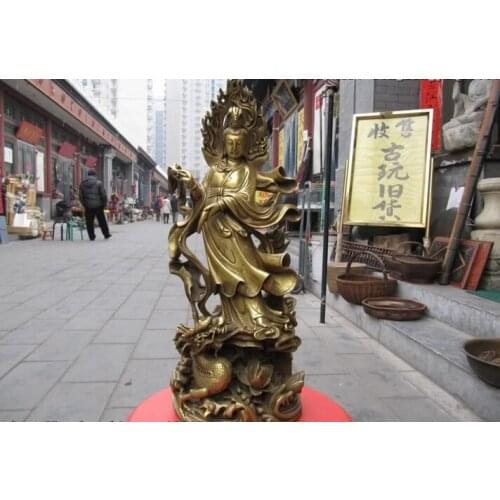 USPS to USA S0576 18"China Brass exquisite craftwork lotus flower Kwan-Yin Guan Yin Ride on Dragon