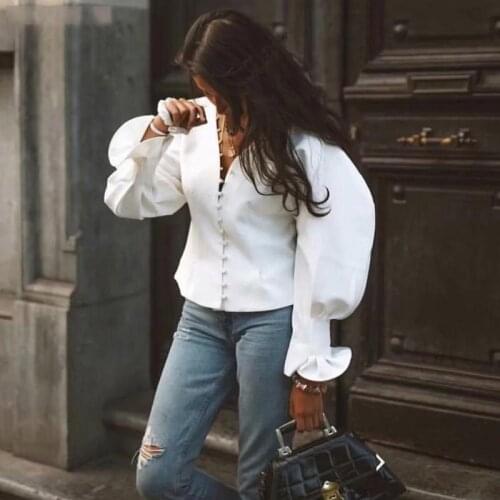Hot Sale Solid White Button Long Puff Sleeves Women Blouse 2021 Fashion Button V Neck Oversize Slim Crop Tops Streetwear