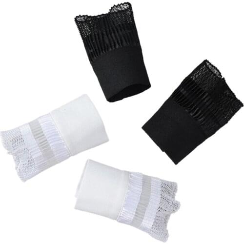 Women Hollow Out Mesh Net Horn Cuffs Wrinkled See-Through Lace Detachable Fake Sleeves Sweater Decorative Wristband