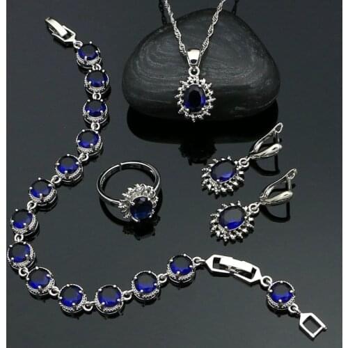 925 Sterling Silver Jewelry Set Blue Cubic Zirconia Oval Earrings Pendant Ring Chain Bracelet for Womens Prom Accessories