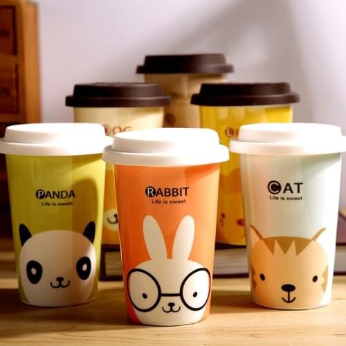 425ML, real bone china funny printed coffee cup with silicon lid, cute cartoon espresso cups, ceramic taza chip mug, tumblers