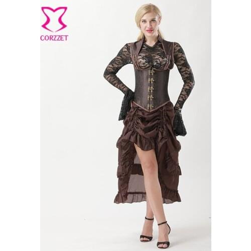 Corzzet Brown Collared Top Steampunk Underbust Bustiers Corset Dress Burlesque Gothic Steampuk Corselet Plus Size 6XL