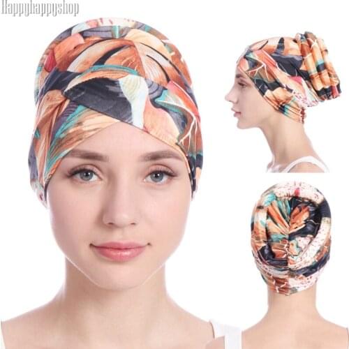 Boho Print Turban Hat for Women Folded Floral Under Scarf Headwrap Muslim Islamic Headwear Femme Hair Loss Cap Chemo Beanies Hat