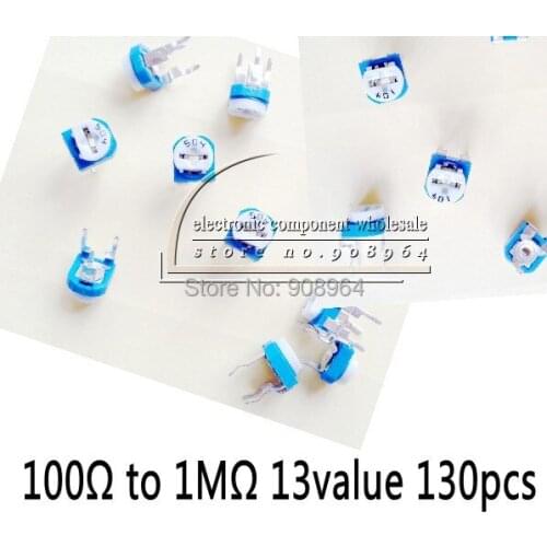 130pcs/set 13 Values Horizontal Adjustable Resistor Potentiometer Variable Resistor Assortment 100ohm to 1M