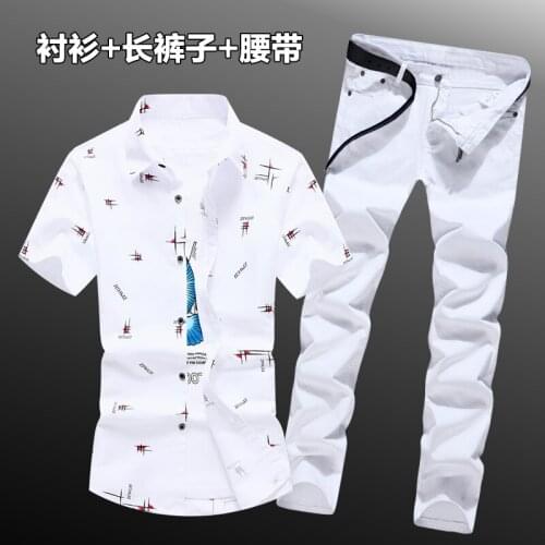 Summer Mens Short Sleeve Print Shirt Pencil Jeans Pants with One Belt 3pcs Casual H23