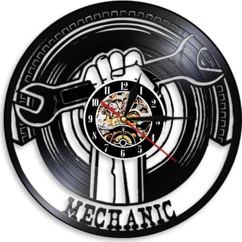 Mechanic Tool Wrench Retro Vinyl Record Wall Clock Automotive Car Service Garage Sign Workshop Carved Album Music Record Clock