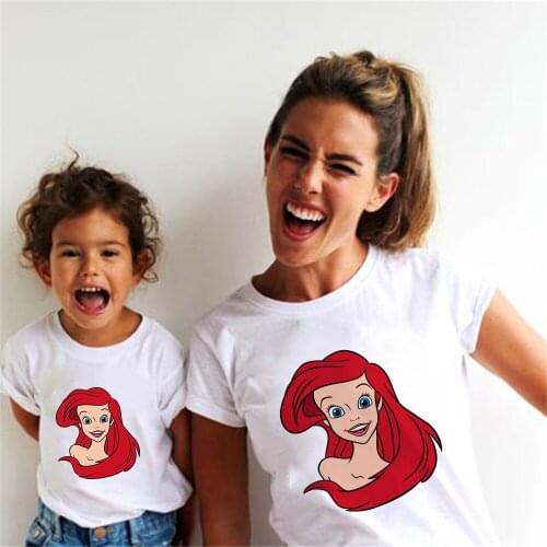 The Little Mermaid Cartoon Cute Mommy And Me T Shirt Family Matching Look Clothes Mother Daughter Kids T-shirts