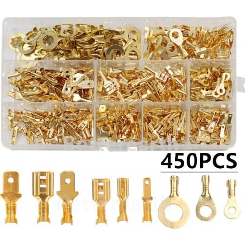 450PCS 2.8/4.8/6.3mm Spade Crimp Terminals Electrical Wire Connectors Ring Lugs Ring Eyes Crimp Connector Assortment Kit
