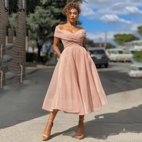 Smileven dusty Pink Prom Dresses Off The Shoulder Tea Length Evening Party Dress Prom Gown Custom Made