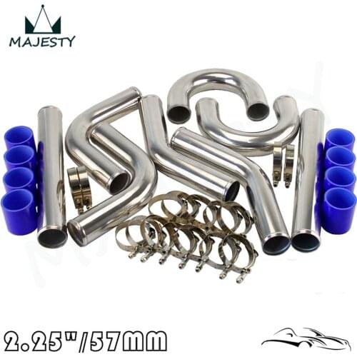 TURBO INTERCOOLER PIPE 2.25" CHROME ALUMINUM PIPING PIPE TUBE+T-CLAMPS+BLUE SILICONE HOSES