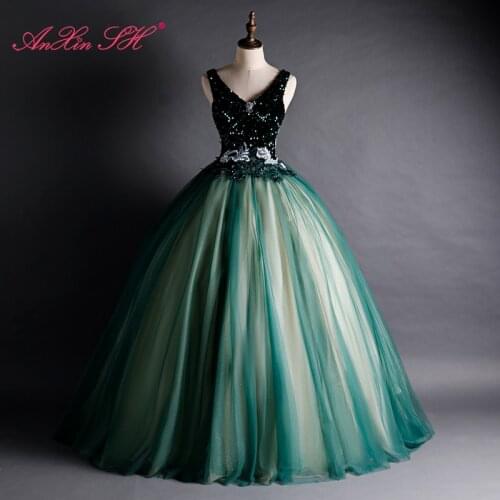 AnXin SH vintage princess deep green lace v neck sleeveless beading crystal flower bride ball gown party host evening dress