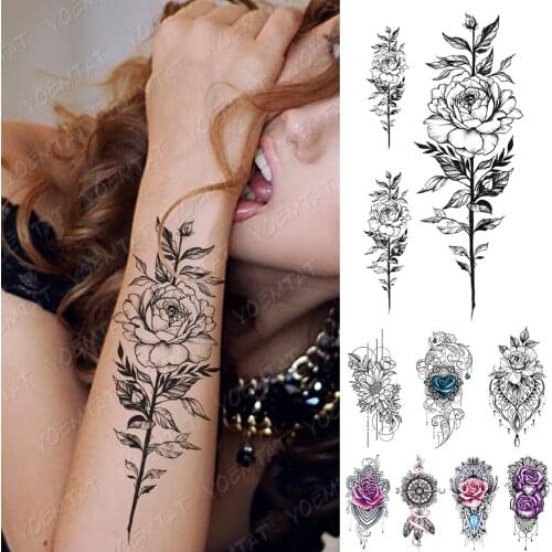 Waterproof Temporary Tattoo Sticker Rose Peony Daisy Flowers Flash Tattoos Simple Lines Body Art Arm Fake Sleeve Tatoo Women Men