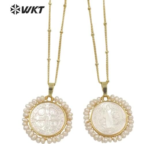 WT-JN157 Wholesale Round Mother of Pearl shell wire wrapped necklace Father of God Christian Cross pendant necklace