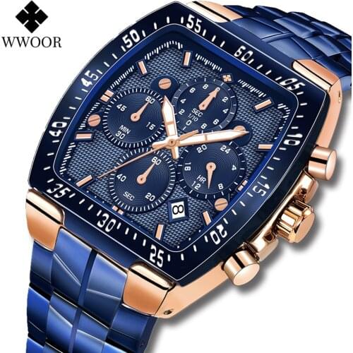 WWOOR 2021 New Fashion Rose Blue Square Watch Men Sports Military Quartz Casual Waterproof Wristwatches Chronograph Reloj Hombre