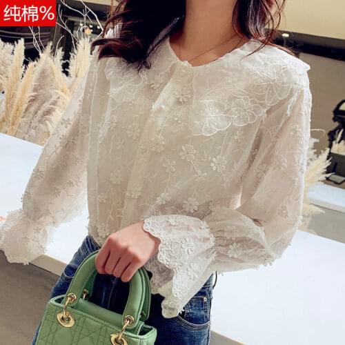 Women Shirt Blouse Embroidered Shirt Womens Bell Sleeve Spring Shirt White Lace Shirt Blusas Ropa De Mujer