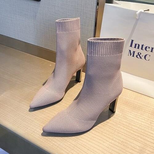 Metal Blade Heels Socks Boots Women Stretch Fabric Elastic Stilettos Heel Pointed Toe Ankle Boots Shoes Woman Boats