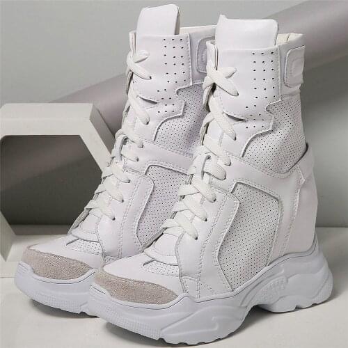 Height Increasing Fashion Sneakers Women Breathable Genuine Leather High Heel Ankle Boots Female Round Toe Platform Pumps Shoes