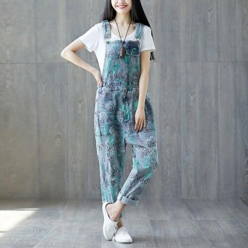 Women Baggy Jumpsuits Bib Harem jeans Casual Printing Floral Rompers Drop Crotch Pants Washed Denim Rompers Trousers YT614
