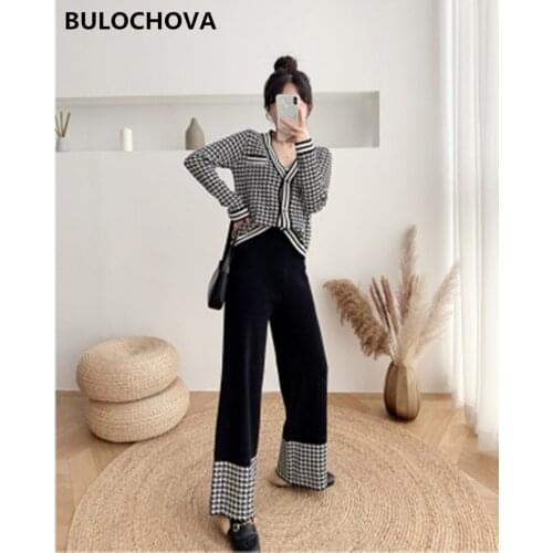 2021 Newest Autumn Womens Pants Suits V Neck Single-Breasted Knit Plaid Tops + Wide Leg Pants Full Length 2 Pieces Sets Mujer