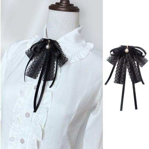 Women Girls Black Lace Ribbon Bow Tie Imitation Pearl Pendant Brooch Pin Necklace Student Uniform Shirt Blouse Pre-Tied Jabot Co