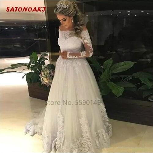2020 Tulle Wedding Dress With Lace Appliuqes Off Shoulder Long Sleeves Back Covered Buttons Custom Made Vestido De Novia Online