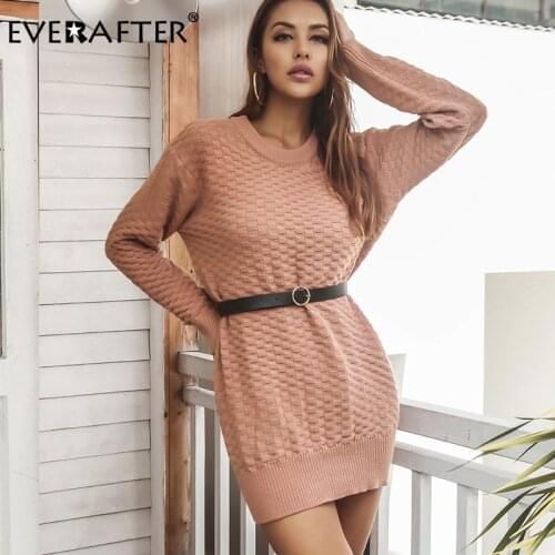 EVERAFTER Casual O-neck Women Knitted Dress Autumn Winter Long Sleeve Sashes Solid Mini Dress Female Office Lady Sweater Dress