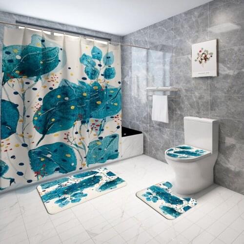 180x180cm Green Plants Leaves Bathroom Shower Curtain Print Toilet Cover Mat Modern Bath Curtains with Hooks Home Decoration