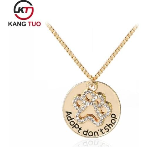 2017 Creativity Letter "Adopt don't shop" Round Shape Pendant With Rhinestone Paw Print Necklace Pet Rescue Paw Print Tag