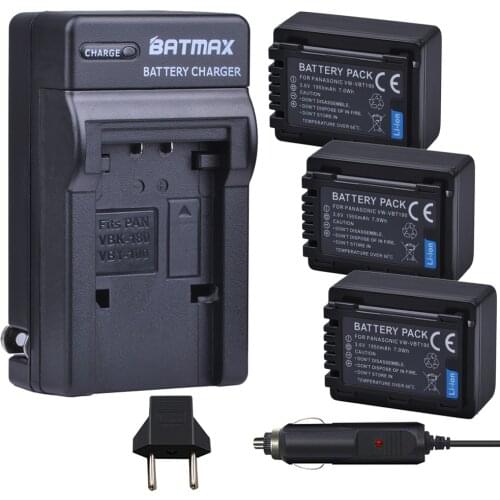 3Pcs 1950mAh VW-VBT380 VW-VBT190 Battery+ Car Charger Plug for Panasonic HC-V720,HC-V727,HC-V730,HC-V750,HC-V757,HC-V760,HC-V770