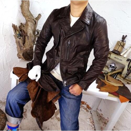 Plant tanned batiks dark brown color horsehide leather Motorcycle genuine leather jackets dark brown leather men jacket