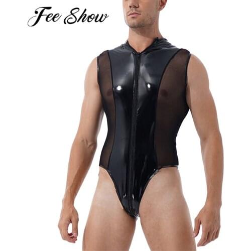 Men Patent Leather Sheer Mesh Splice Bodysuit Lingerie Latex Catsuit Sleeveless High Cut Thong Leotard Bodycon Costumes Clubwear