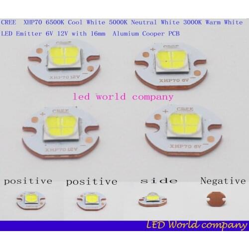 CREE XHP70 6V or 12V 6500K Cool White, 5000K Neutral White, 3000K Warm White High Power LED with 16mm Alumium Cooper PCB