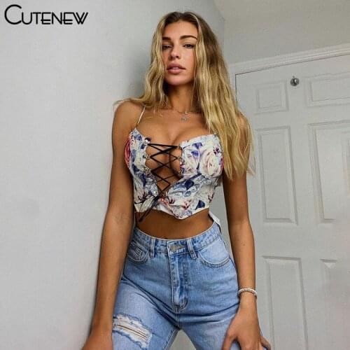 Cutenew 2021 Sexy Hollow Out Printing Floral Bandage Women Tank Top Summer Casual Slim Backless Female Sling Crop Top Streetwear