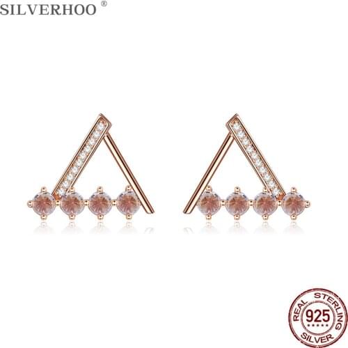 SILVERHOO 100% Genuine 925 Sterling Silver Jewelry Geometry Triangle Stud Earrings For Women Shining 5A Cubic Zirconia Earring