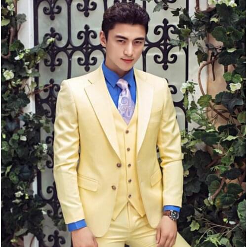 Three-piece set blazer men formal dress latest coat pant designs suit men terno slim marriage wedding suits for mens yellow