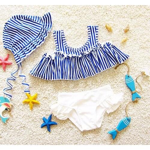 Summer Casual Dress Kids Girls One Piece 2 Pieces Swimming Suit Swimwear + Hat Summer Striped Dress Beach Wear Swimsuit SA4021