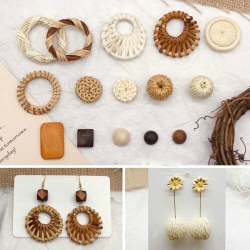 Literary retro wooden rattan material ring square wooden beads ball chicken wing wood DIY earrings accessories