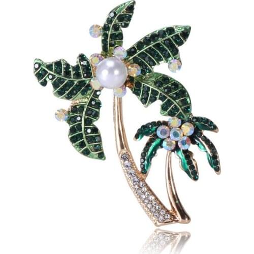 Fashion diamond inlaid green oil dripping enamel pearl coconut tree Brooch alloy Brooch custom clothing accessories