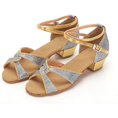 Fashion Sequined Cloth Latin Dancing Shoes Party Tango Ballroom Soft Bottom Dance Shoes for Kids Girl Children Heel 4cm C56