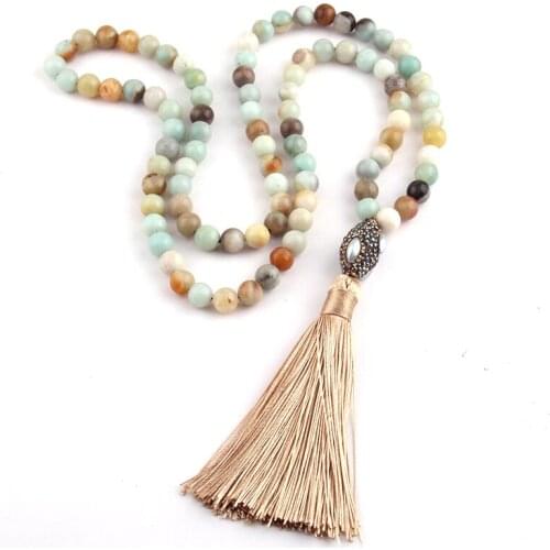 MOODPC Fashion Amazonite Stones Bohemian Tribal Jewelry Oval Pearl Crystal Ball & Tassel Necklace