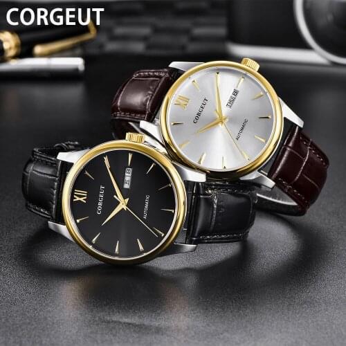 CORGEUT High Quality Rose Gold Case Watch Men Leather Waterproof Watch Business Fashion Mechanical Auto Date Clock Мужские часы