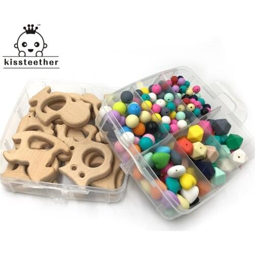 Organic Handmade Natural Beech Wooden Animal Mixed Color Heart-Shaped Silicone Geometry Hexagon Silicone Beads Baby Teether Toys