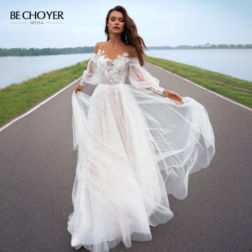 Vestido De Noiva Sweetheart Appliques Lace Wedding Dress 2021 Boho Illusion Puff Sleeve A-Line Princess BECHOYER PA03 Bride Gown